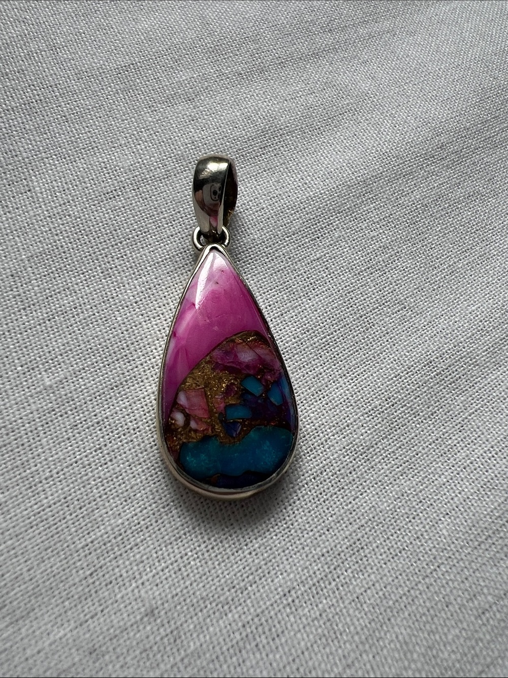 Pink Oyster Turquoise .925 Sterling Silver Teardrop Shaped Pendant